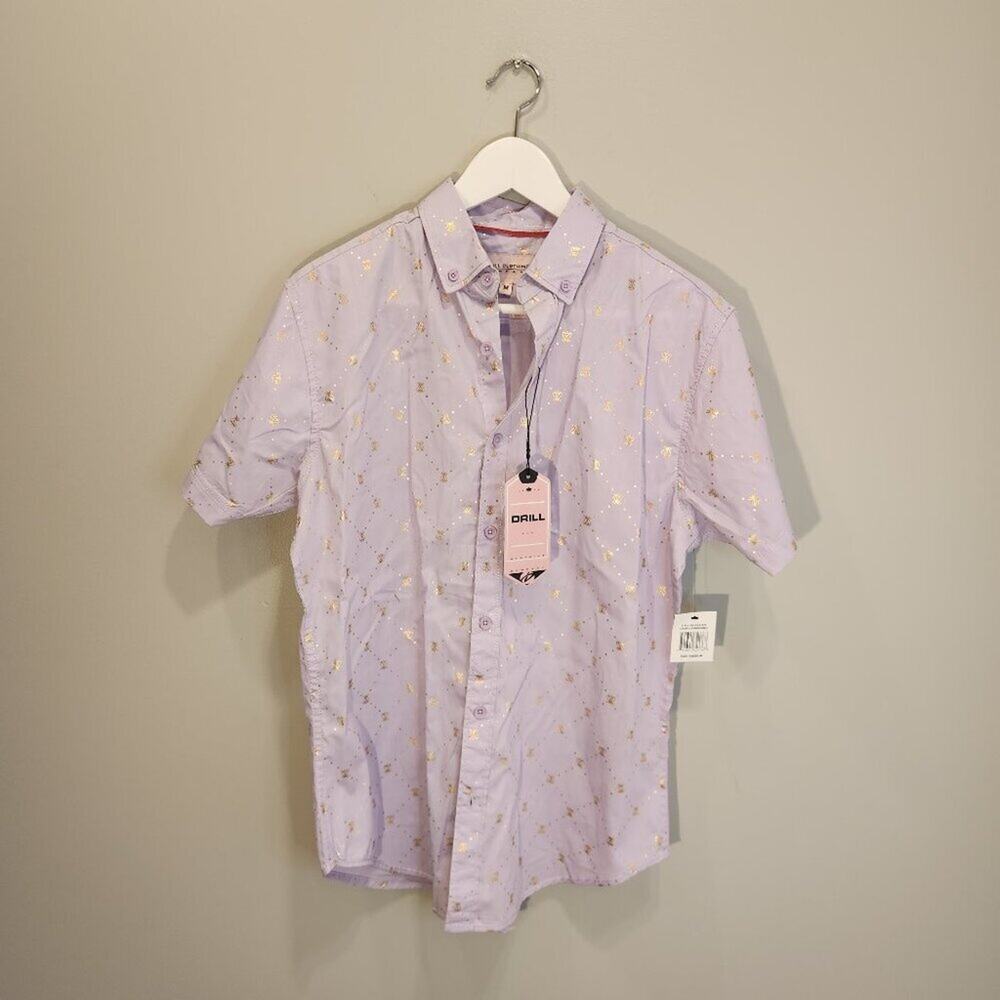 DRILL Clothing Shirt Button Down Purple Gold Bee Casual Preppy Layer - Size M